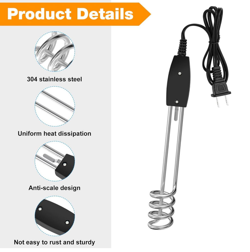 Close-up view of the robust heating element on the immersion rod.
