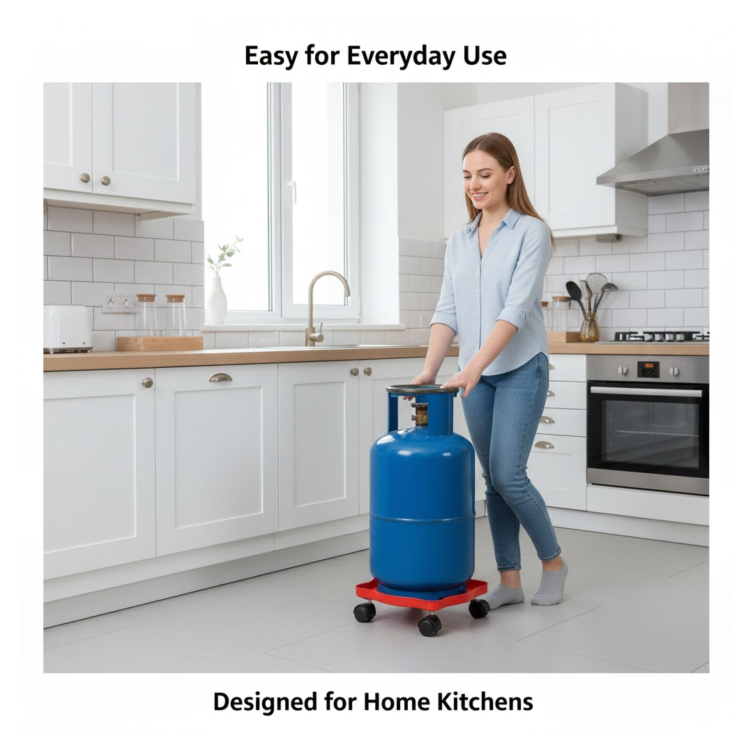 Side profile of the durable plastic gas cylinder stand with wheels.