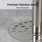 Side profile of the Quickslice Stainless Steel Potato Masher with its comfortable wooden handle.