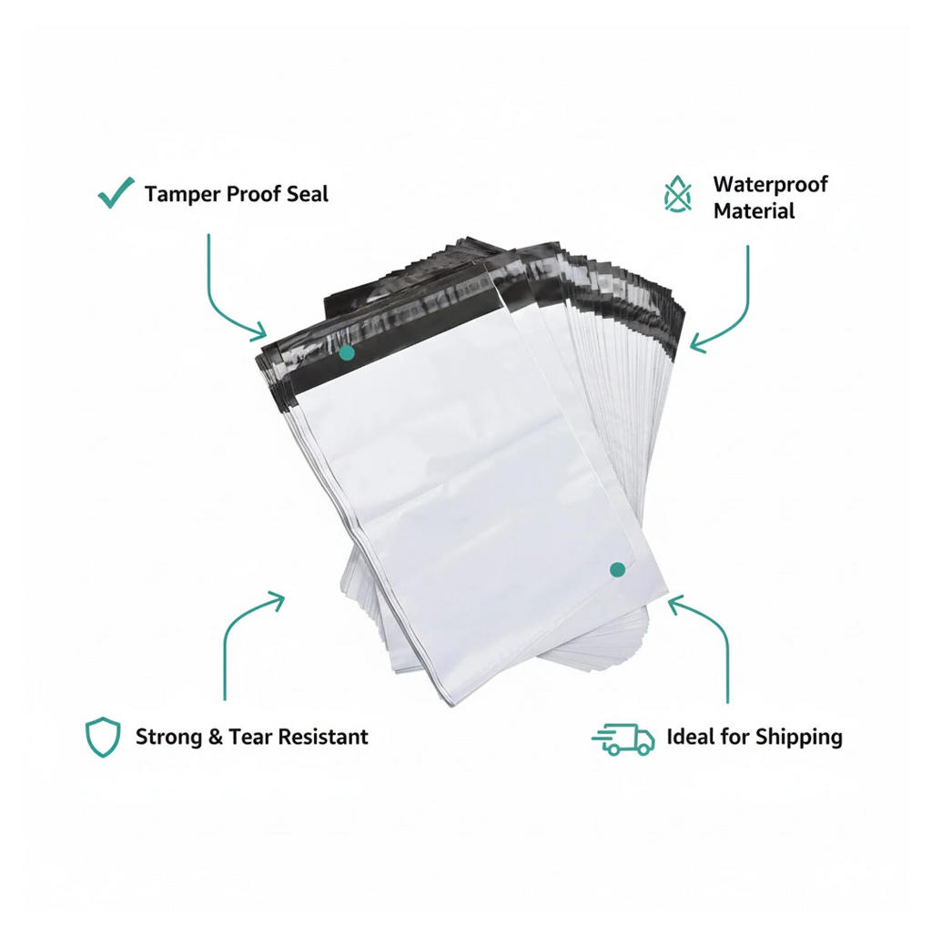 Stack of plain tamper proof courier bags ready for secure shipments.