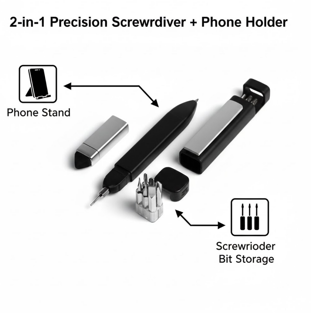 Multi-function pen tool demonstrating its use as a phone stand and the hidden screwdriver bits.