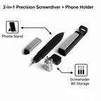Multi-function pen tool demonstrating its use as a phone stand and the hidden screwdriver bits.