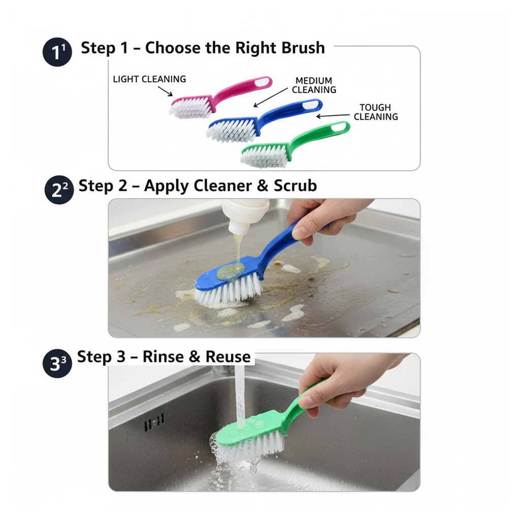 Kitchen cleaning brush used to scrub a dirty utensil.