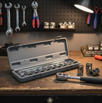 BoltForce socket wrench set neatly arranged on its red organizing tray for easy access.