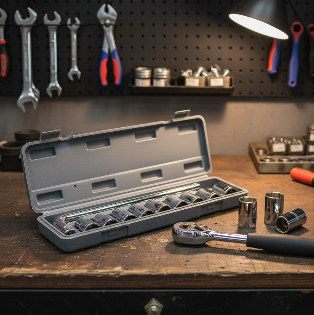 BoltForce socket wrench set neatly arranged on its red organizing tray for easy access.
