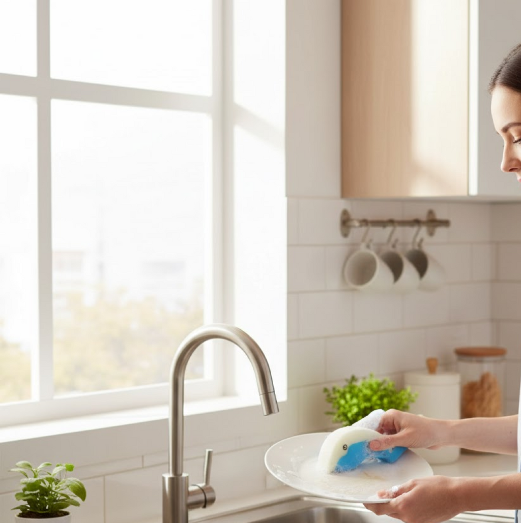 Dolfin sponge wiping down a kitchen counter, demonstrating its multi-surface capability.