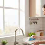 Dolfin sponge wiping down a kitchen counter, demonstrating its multi-surface capability.