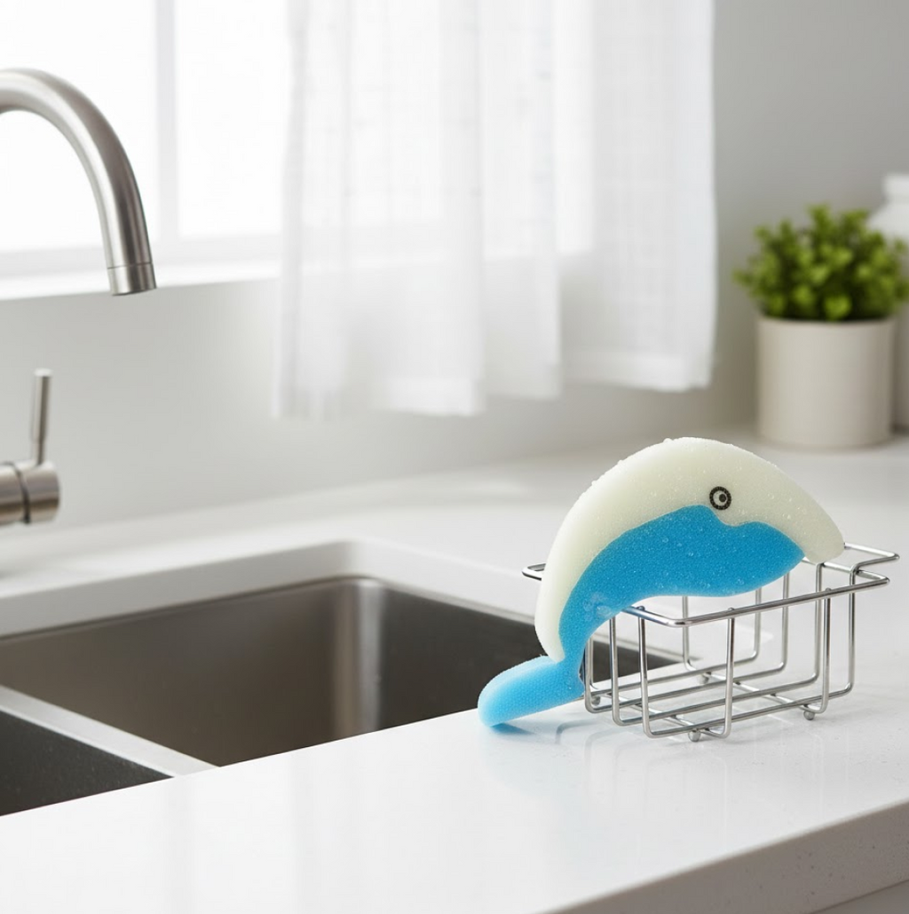 A Dolfin Reusable Kitchen Sponge air-drying on a kitchen rack after use.
