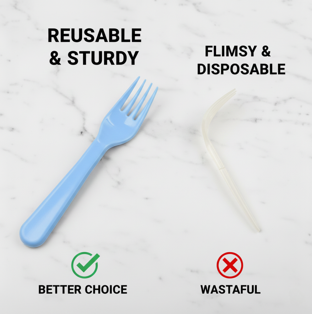 A side profile of the reusable plastic forks, demonstrating their ergonomic handle and robust tines.