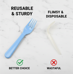 A side profile of the reusable plastic forks, demonstrating their ergonomic handle and robust tines.