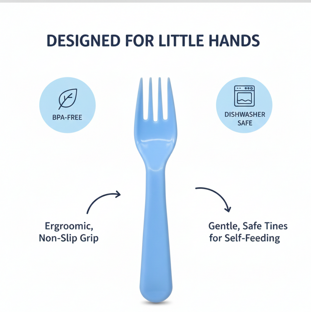 The set of five reusable plastic forks displayed against a neutral background for clear product visibility.