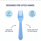 The set of five reusable plastic forks displayed against a neutral background for clear product visibility.