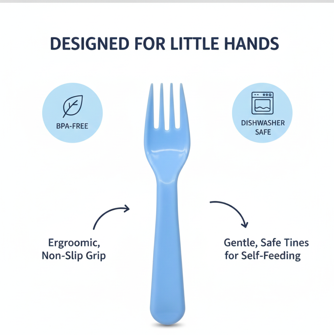 The set of five reusable plastic forks displayed against a neutral background for clear product visibility.