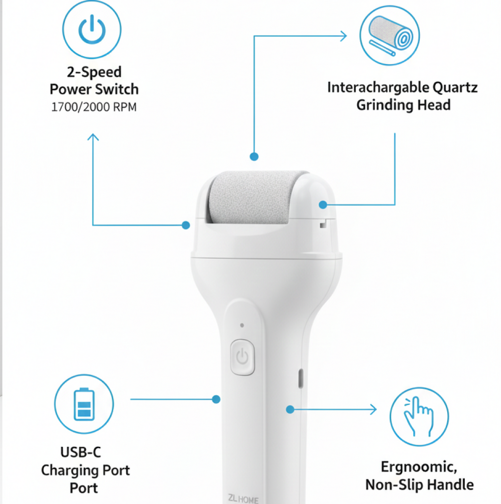 Electric foot file showing power button, speed control, and charging indicator lights