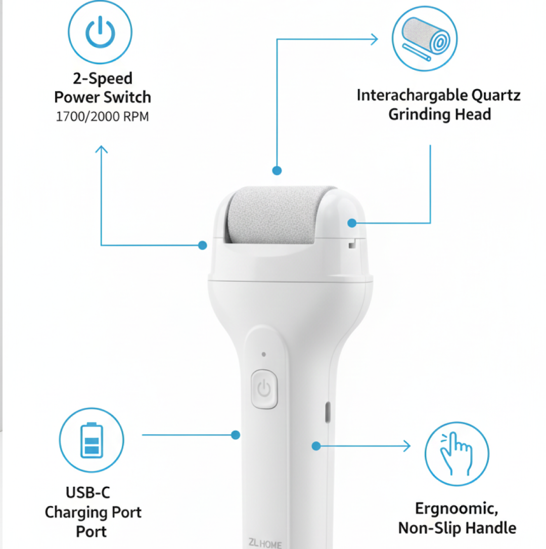 Electric foot file showing power button, speed control, and charging indicator lights
