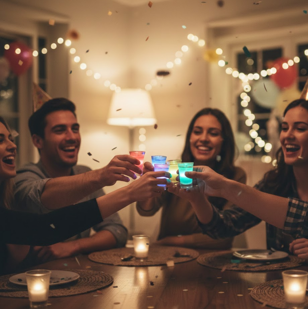 Set of small transparent LED shot glasses with flashing lights