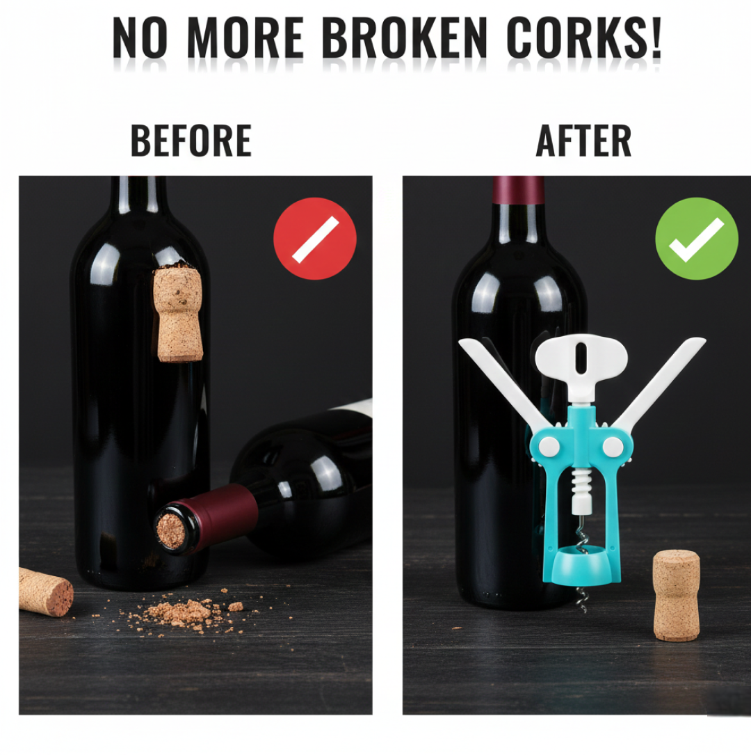 Close-up of the winged Waiter Corkscrew in action, uncorking a wine bottle.