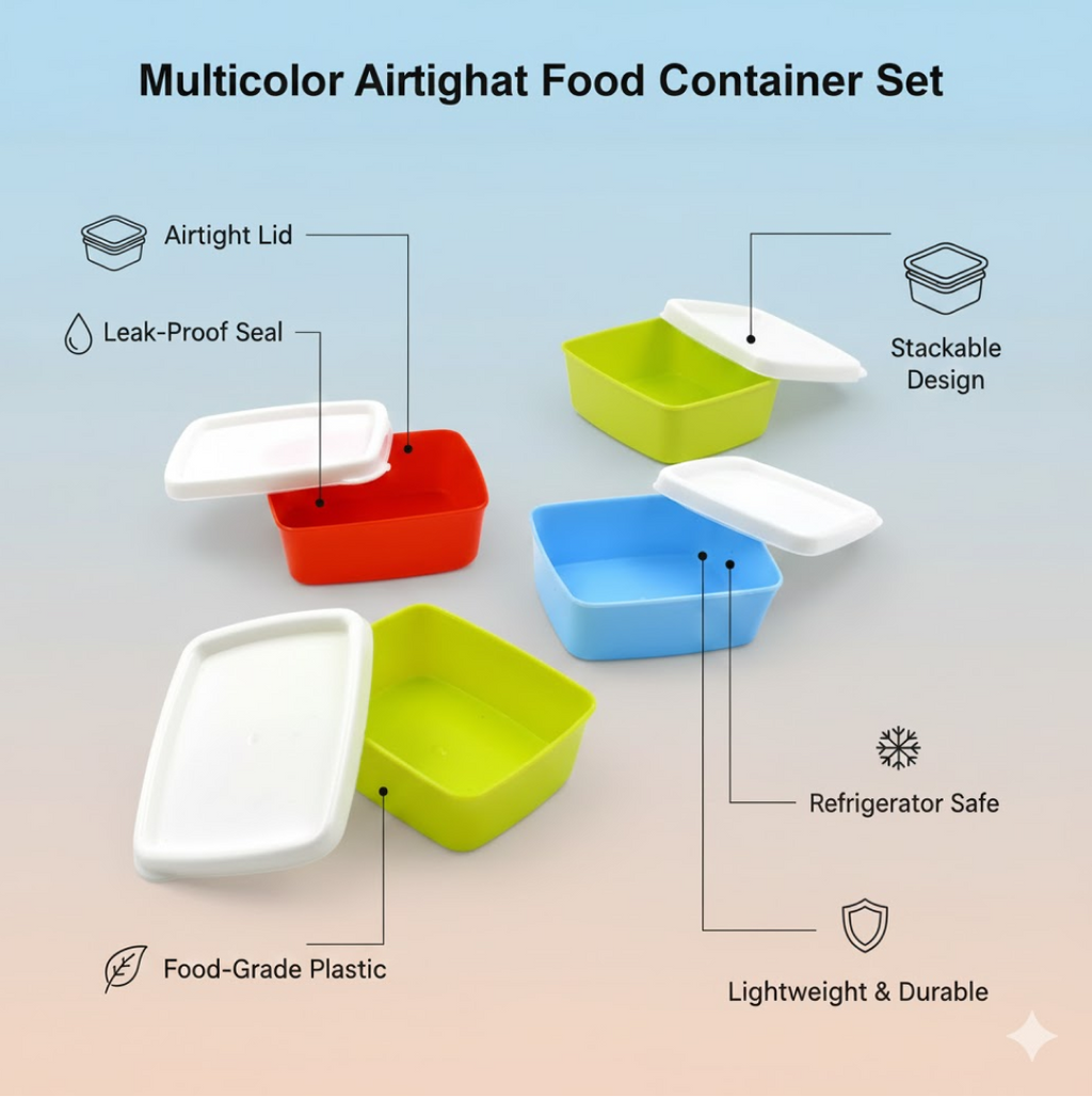 Empty plastic storage containers with lids removed, showcasing interior.
