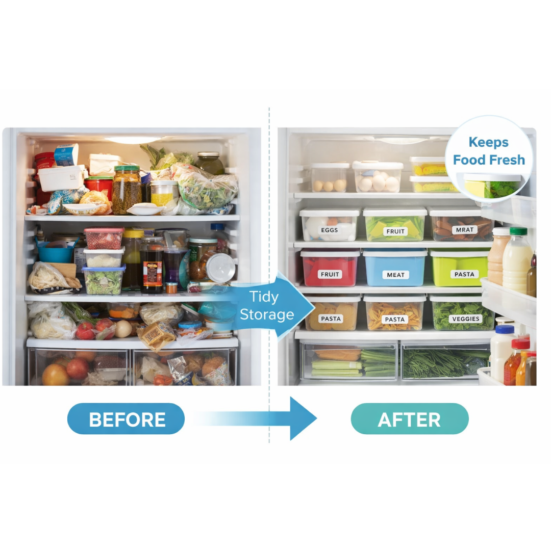 Stackable multicolor airtight food containers saving fridge space.