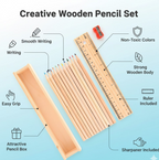 Close-up view of the colorful wooden pencils, ruler, and sharpener from the art set.