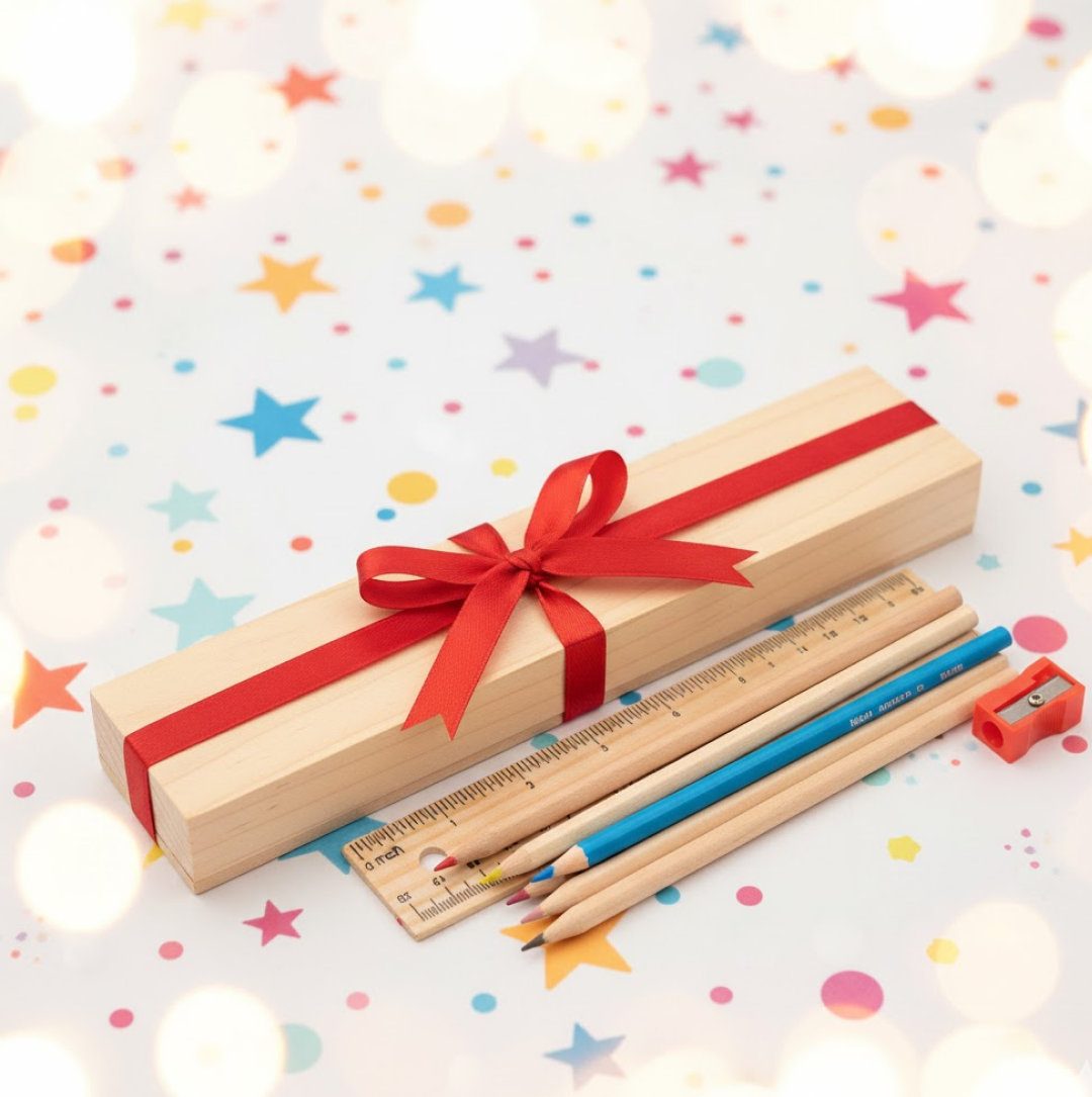 Various art supplies, including the colorful wooden pencil set, spread out on a creative workspace.