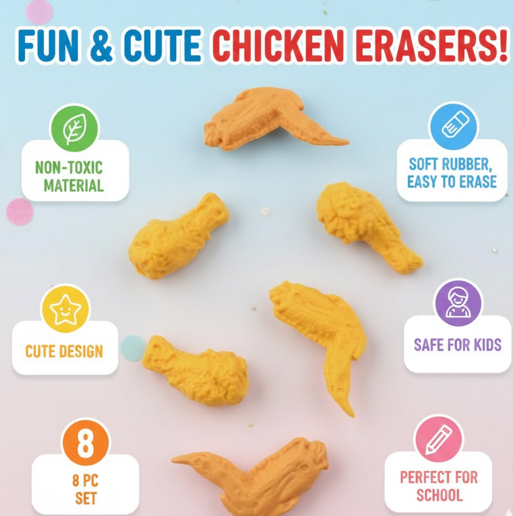 Close-up of a chicken leg eraser and a chicken wing eraser, highlighting their detailed and realistic design.