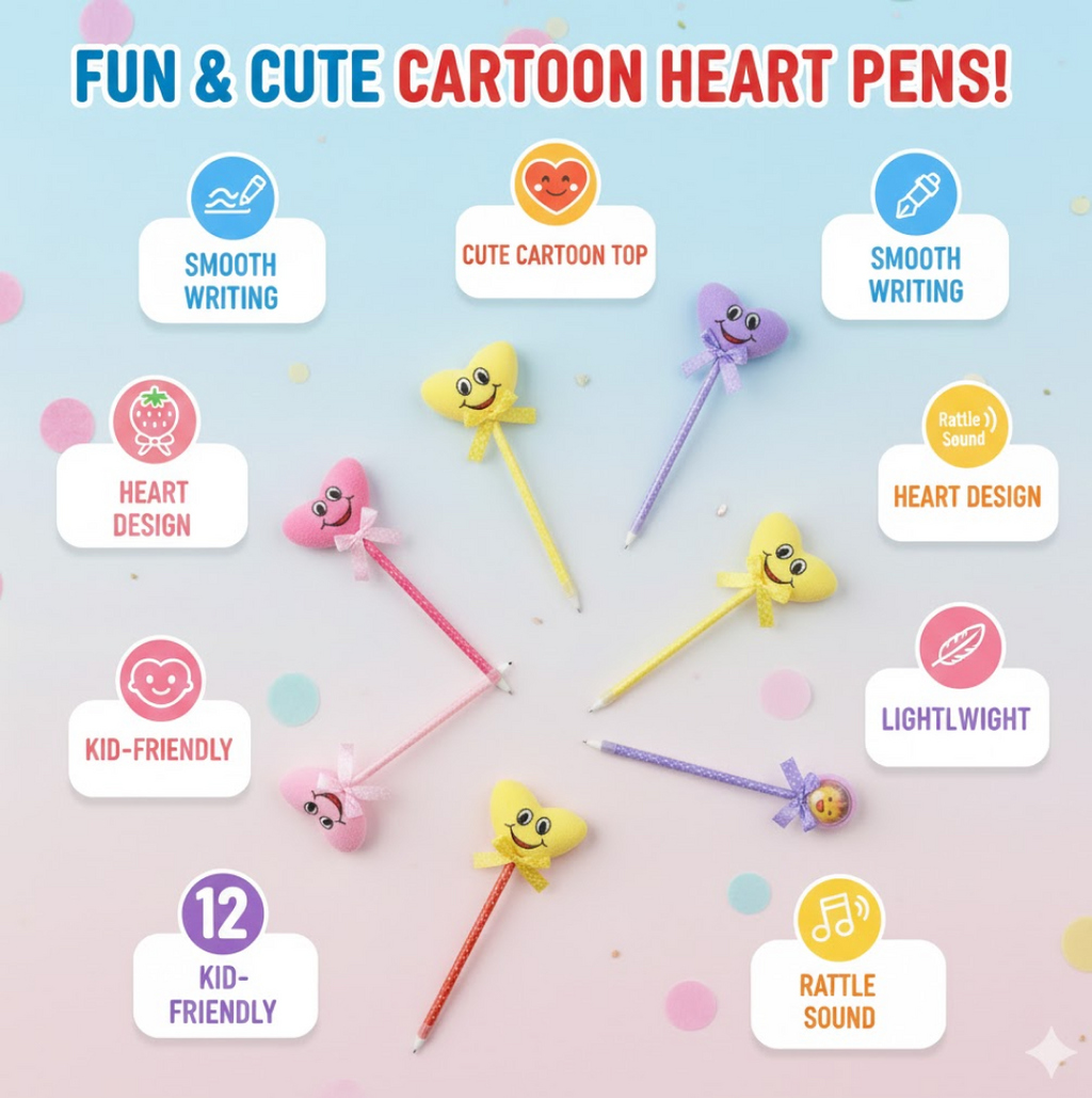 Close-up of a vibrant pink heart-shaped ballpoint pen with a rattle.