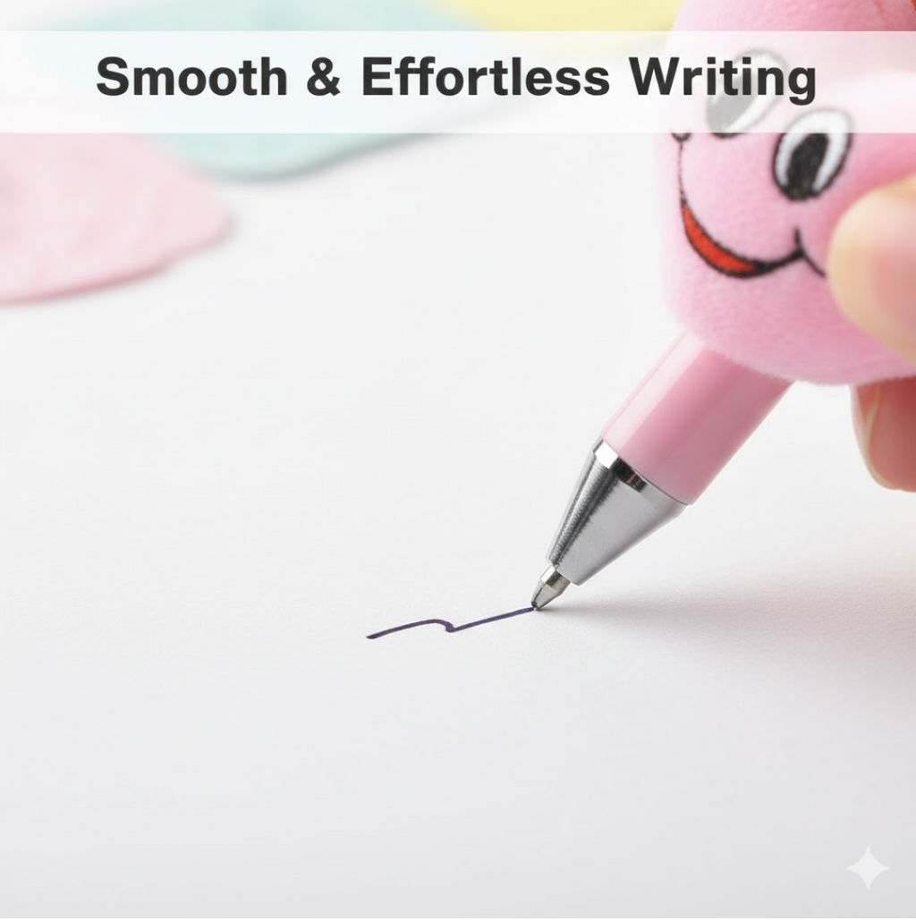 Blue cartoon character ballpoint pen featuring a fun rattle for writing.