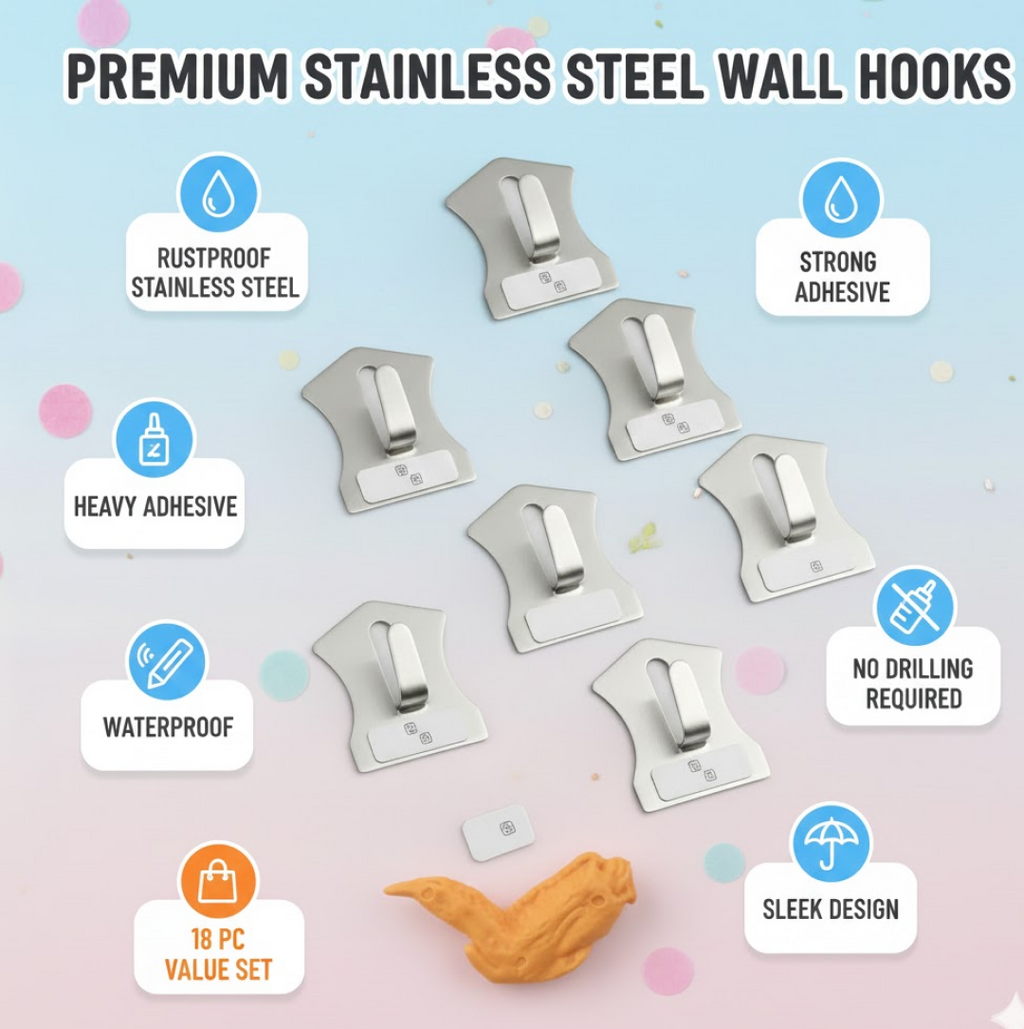 Close-up of a self-adhesive stainless steel wall hook being applied to a clean wall.
