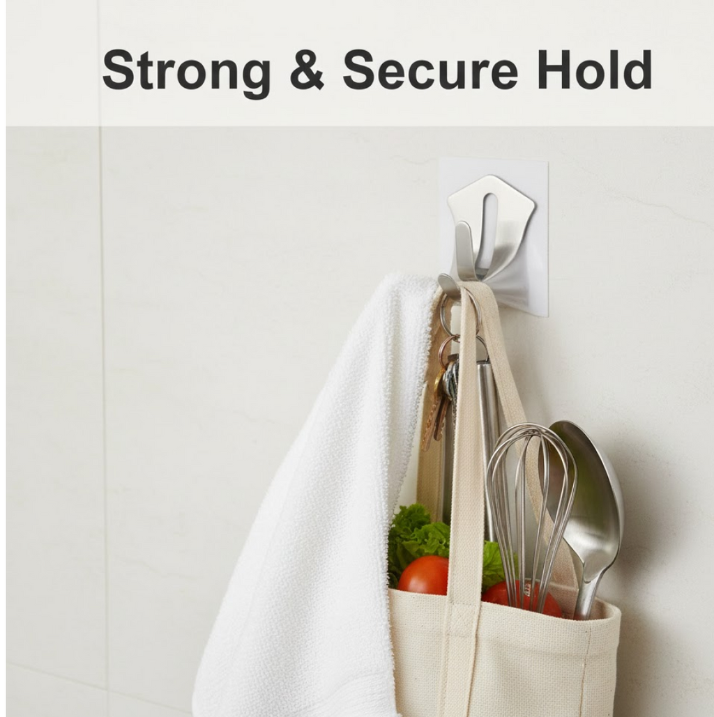 Versatile stainless steel hooks holding keys, towels, and small accessories.