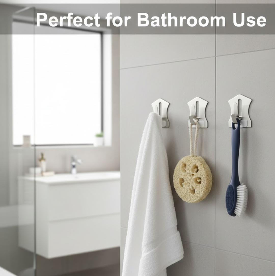 Self-adhesive stainless steel wall hooks demonstrating strong adhesion on various smooth surfaces.