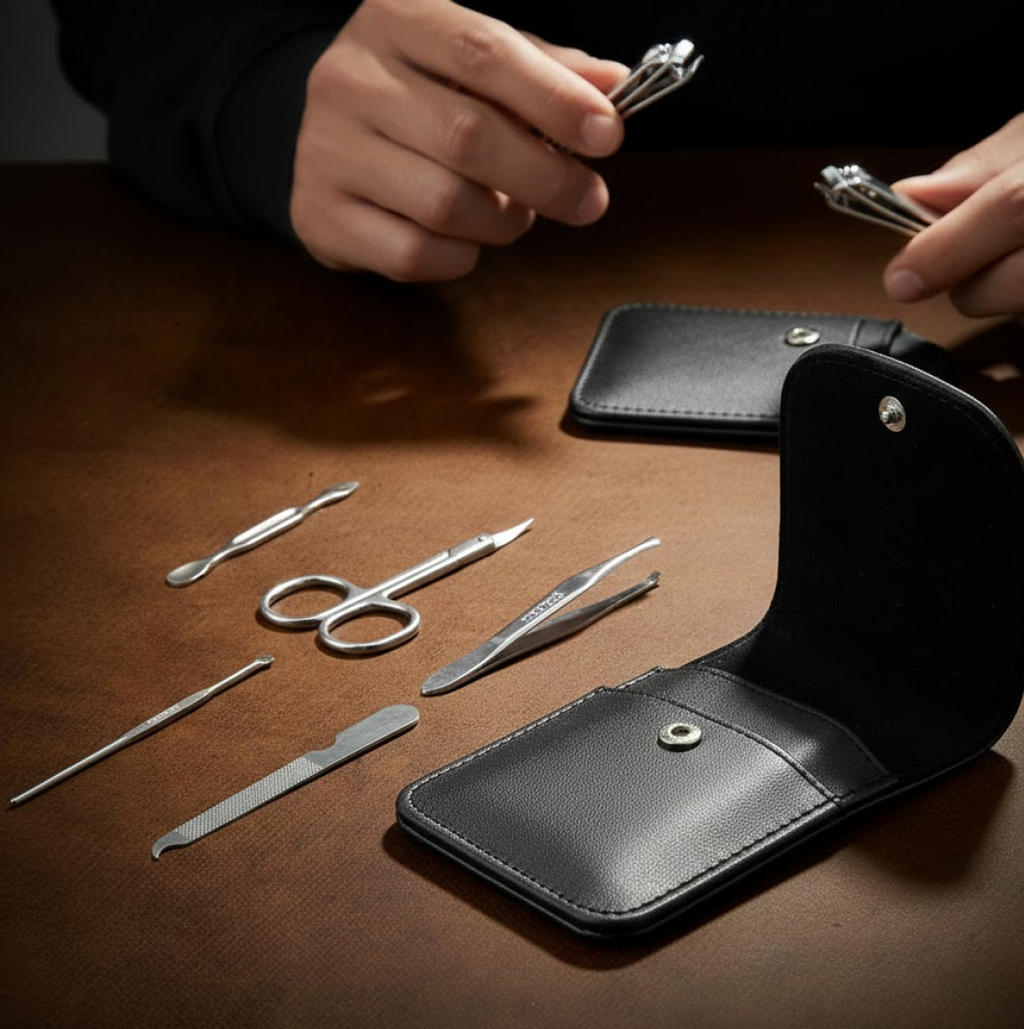 Detailed view of various pedicure tools within the 6-piece personal grooming set.
