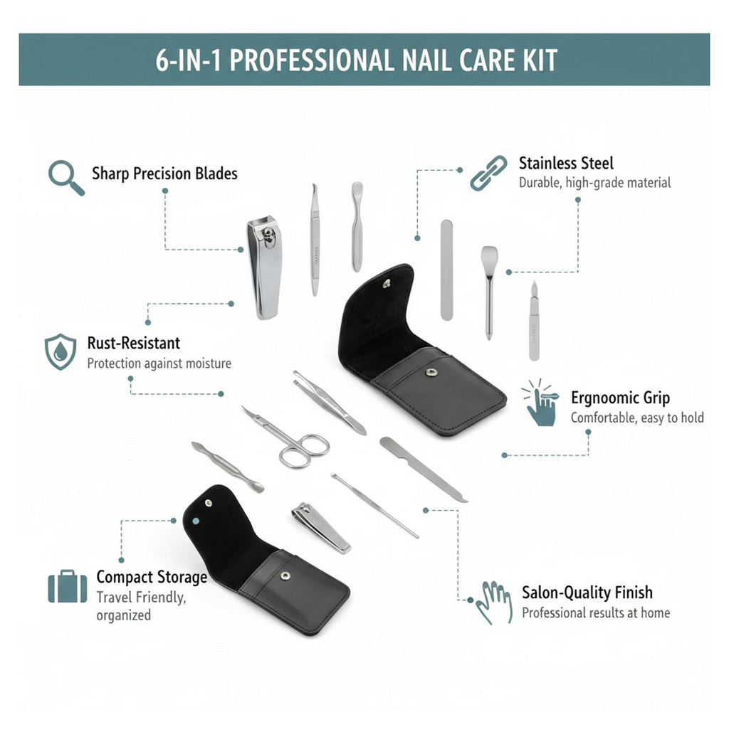 Sharp stainless steel nail scissors, part of the complete Nail Care Kit.