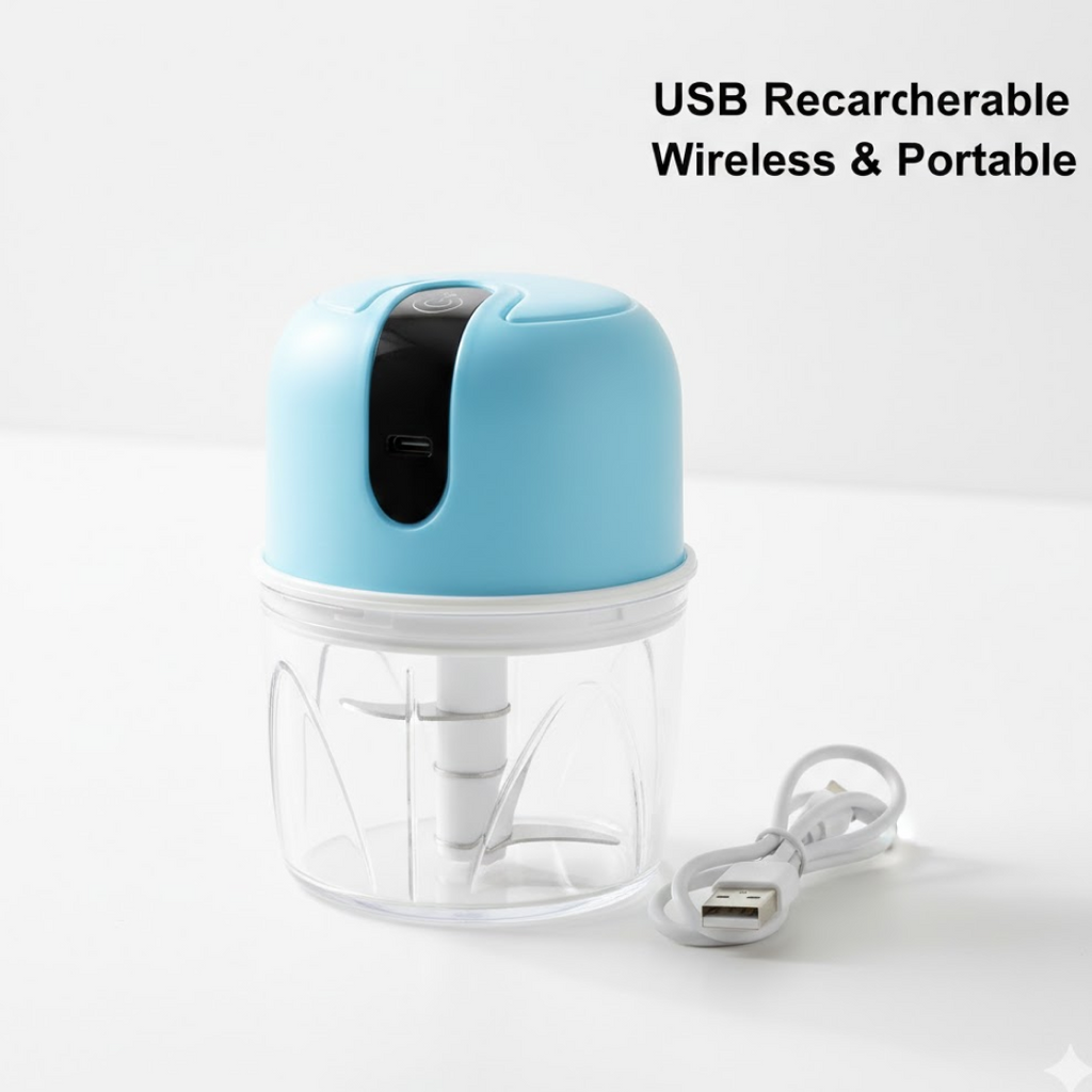 Close-up of the ultra-sharp stainless steel blades inside the mini electric food chopper.