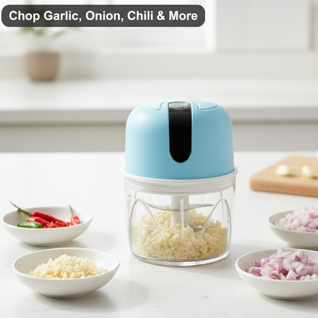 Detail of the convenient USB charging port on the wireless electric garlic chopper.