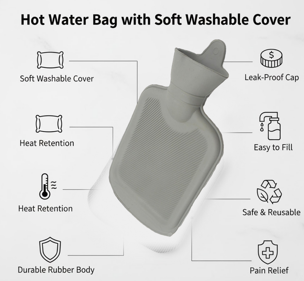 Close-up of the skin-friendly PVC material and design of the hot water bag.