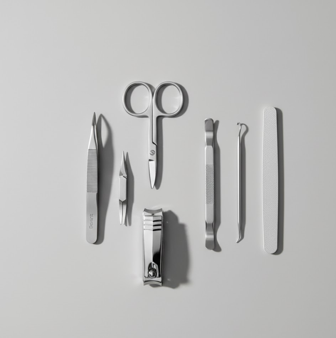 Close-up of precise stainless steel nail clippers from the professional manicure set.