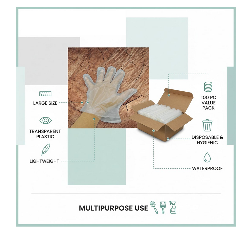 Hand wearing a clear plastic disposable glove while handling fresh food.