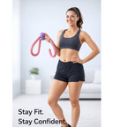Woman demonstrating an inner thigh exercise using the FitFuzion Thigh Toner.