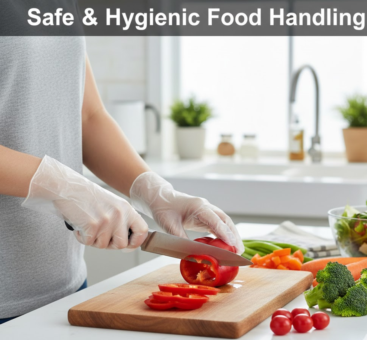 Person wearing a disposable hand glove for kitchen tasks or food preparation.