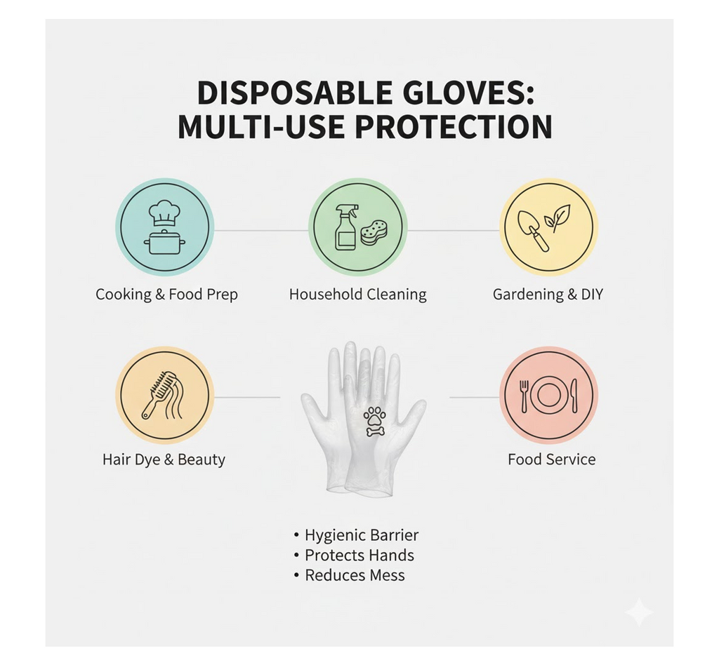 Hand wearing a multipurpose disposable glove while cleaning a surface.