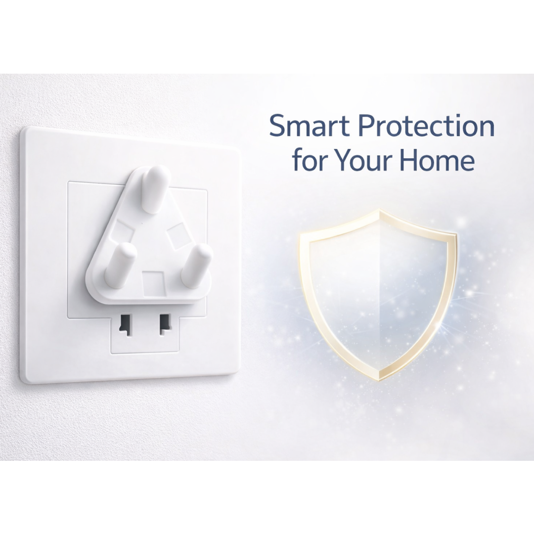 Close-up of large electrical socket baby safety cover in white