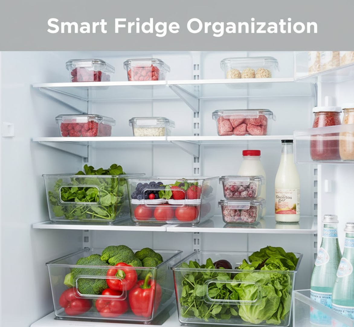 Multiple stackable refrigerator organizer bins neatly arranged side by side.