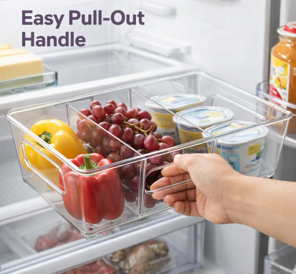 Organized pantry shelf featuring the versatile clear plastic storage bins.