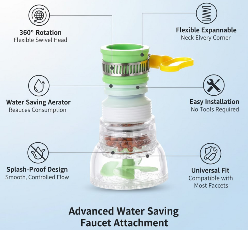 Diagram illustrating the flexible and adjustable design of the faucet sprayer.