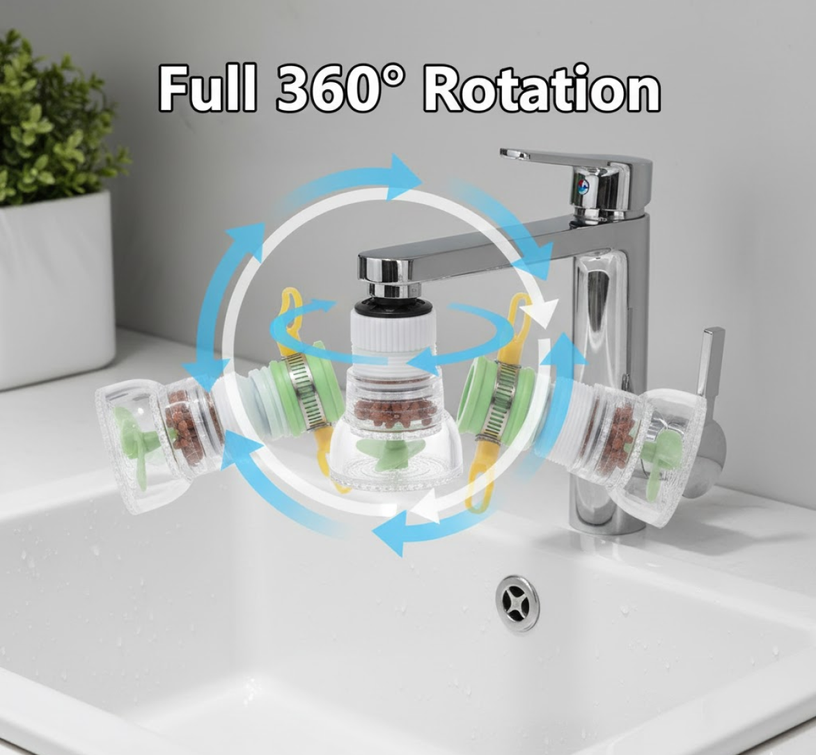 Close-up of the water-saving faucet head with built-in filter and fine holes.