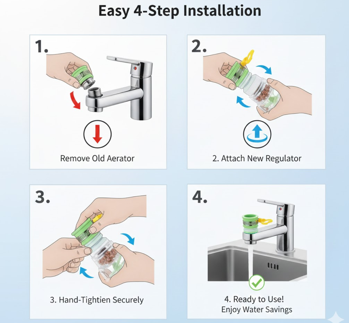 Schematic showing efficient water flow through the 360-degree rotating faucet valve.