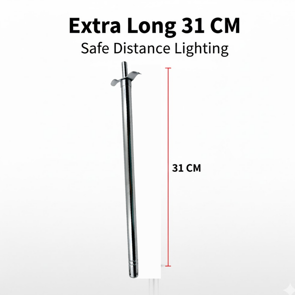 Stainless steel gas lighter igniting a kitchen stove burner.