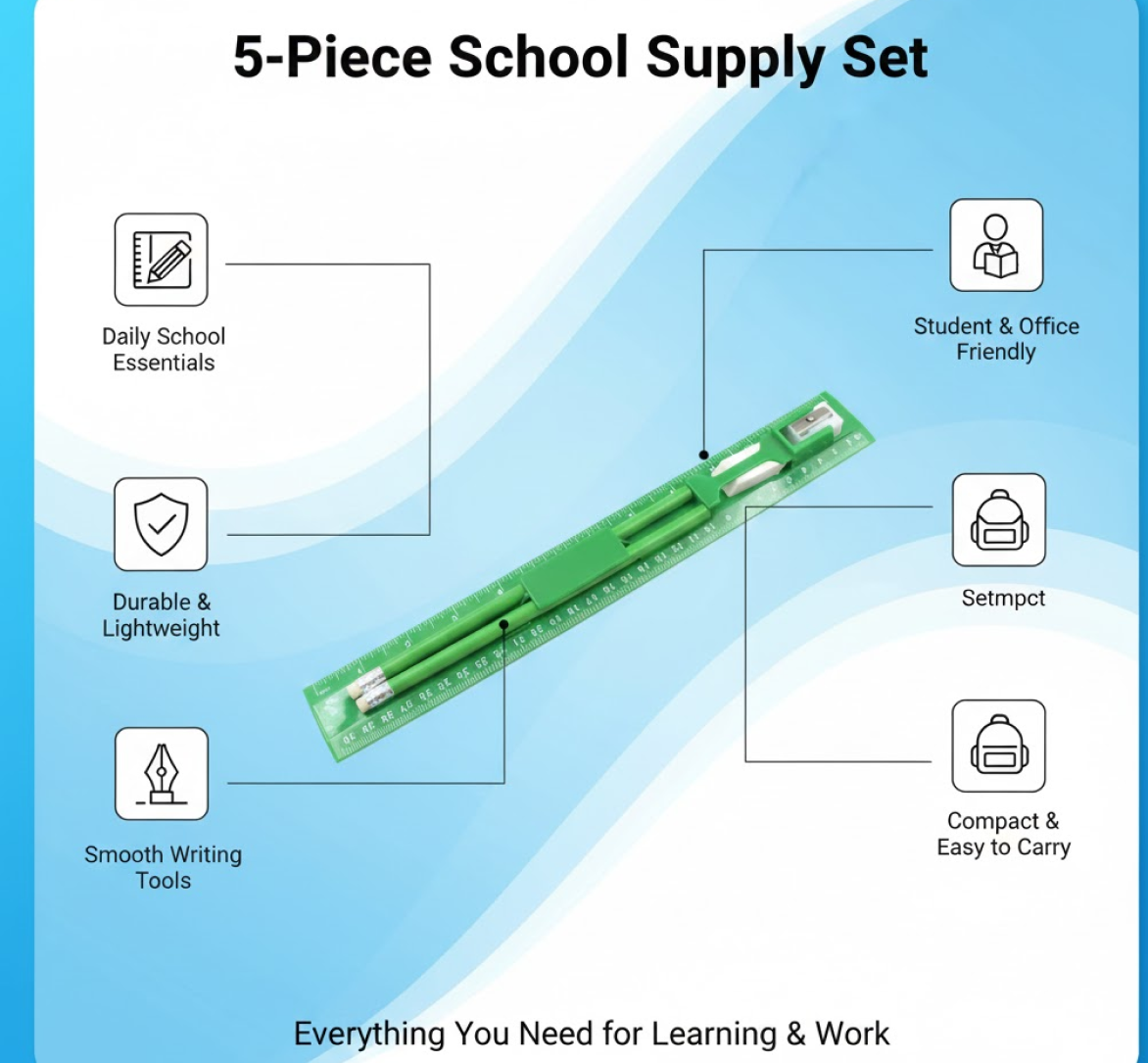Close-up of the durable plastic ruler from the essential school supply set.