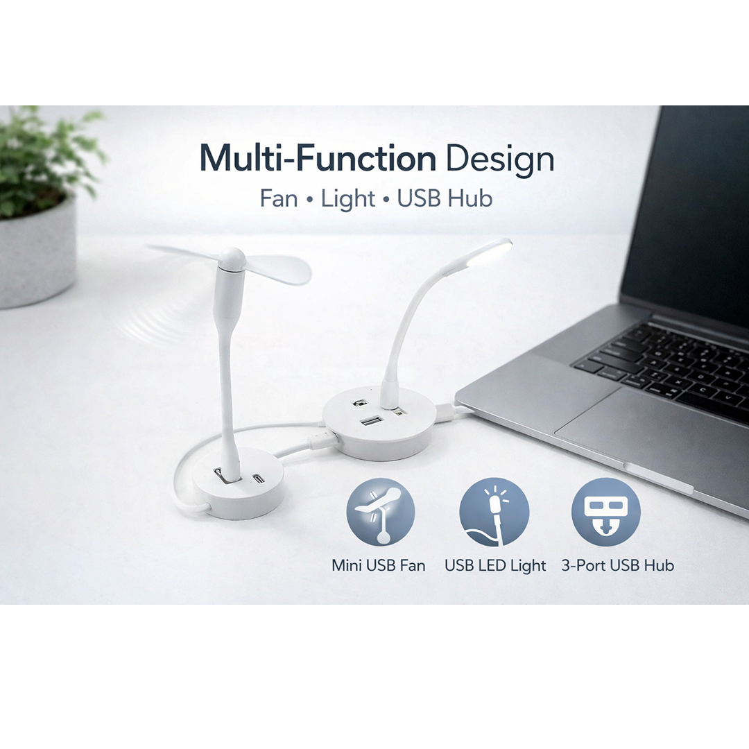Illustration showing the Portable USB Fan, light, and hub's features.